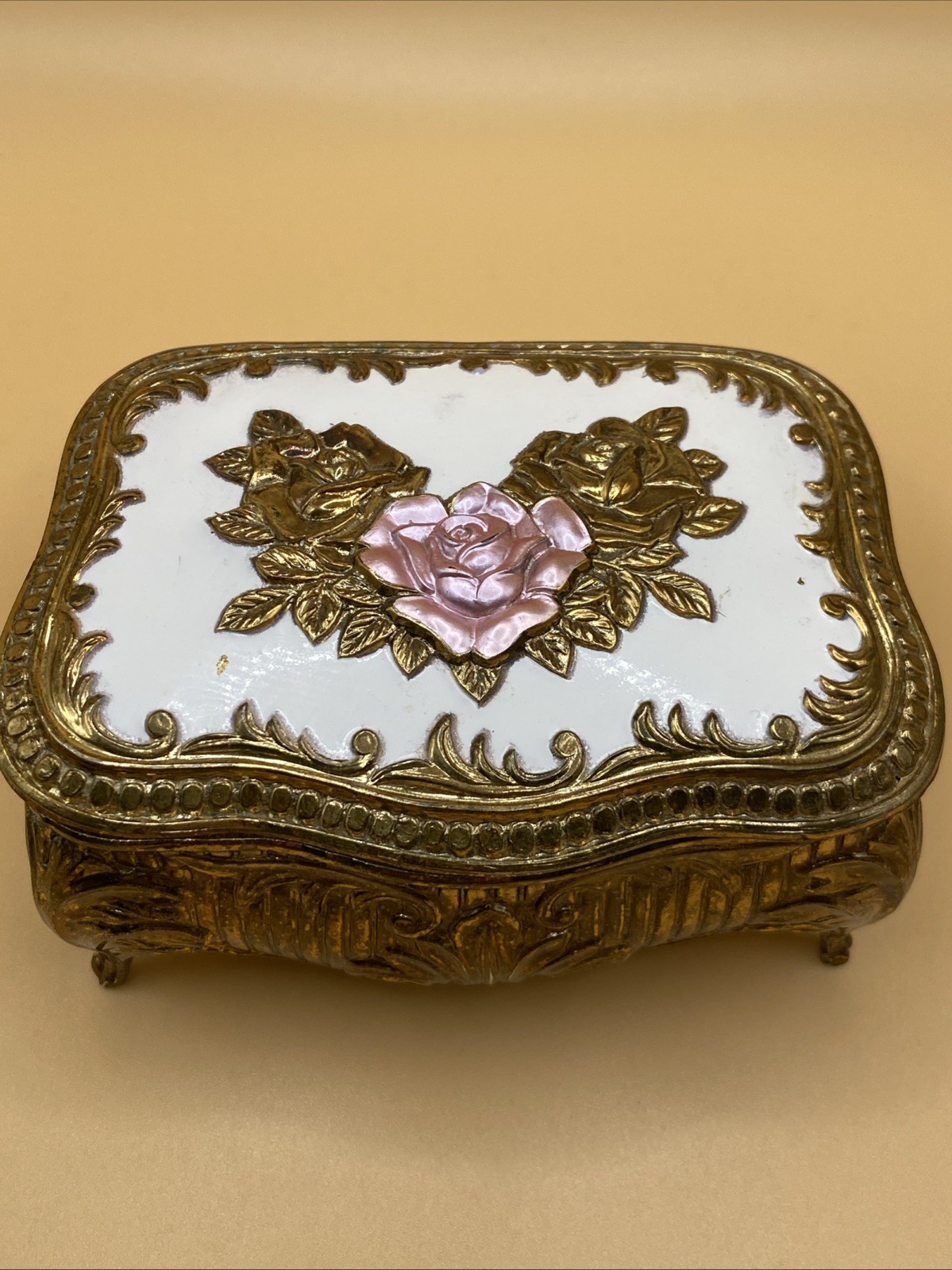 Vintage Japan Floral Medallion Minature Jewelry Box Red Lining