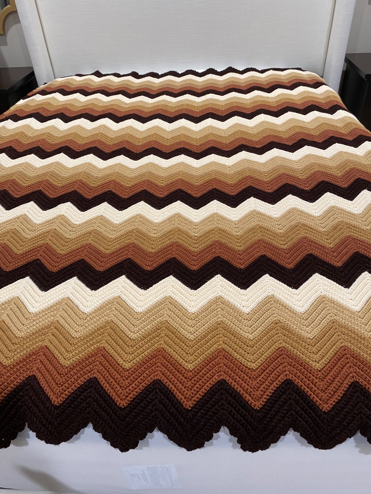 Vtg 1970s Large, Crochet Chevron Afghan Blanket, Earthtones, Cottagecore &More