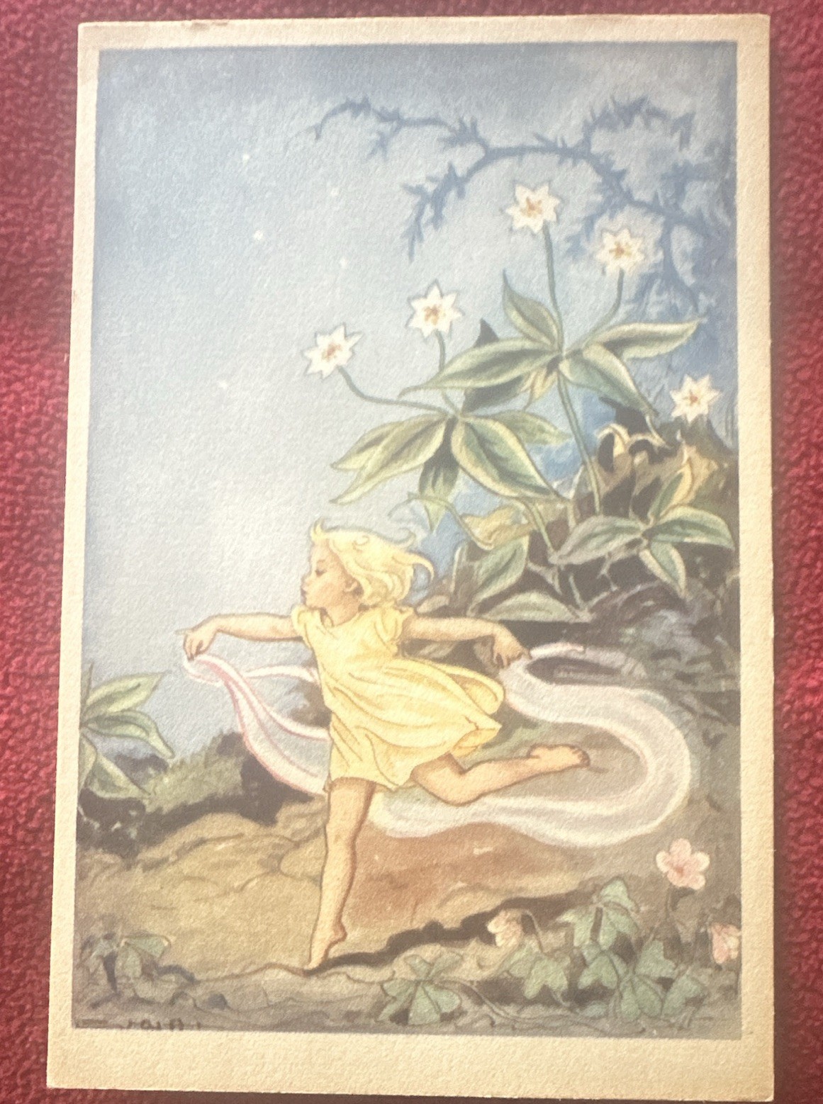 Vtg Fantasy Fairy Girl Lithograph Postcard, pixie Unposted 1948