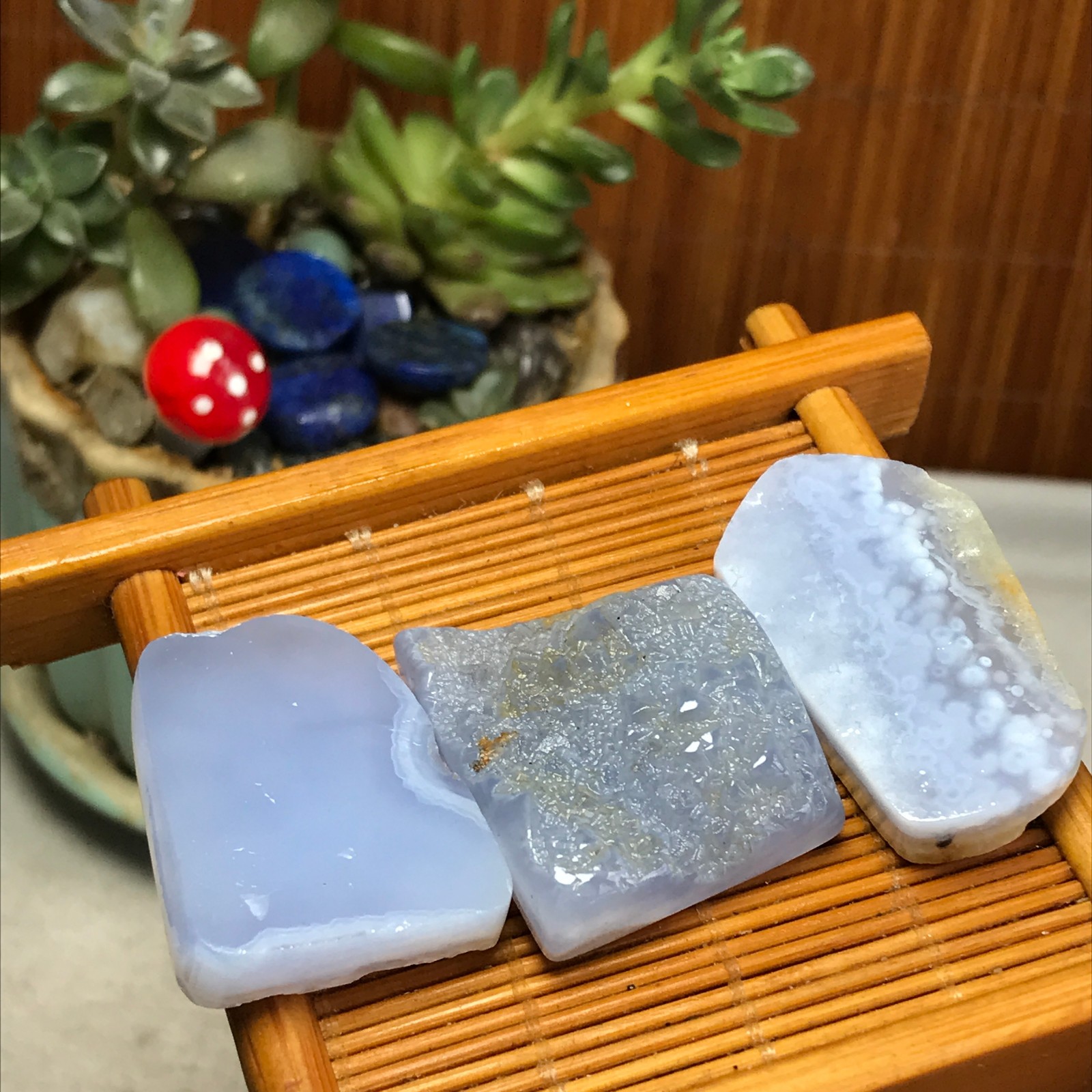 3Pcs Natural blue chalcedony agate Crystal gemstone rough original Specimen 7420