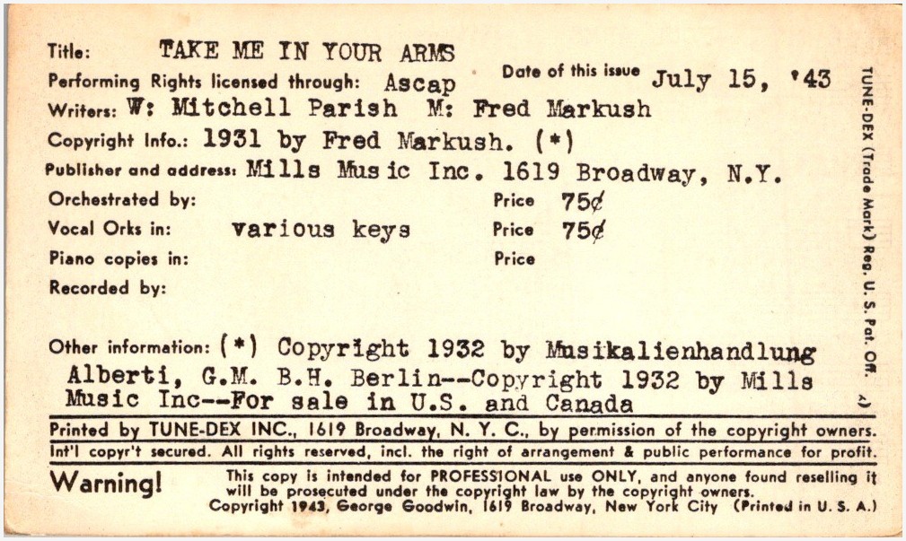 Tune-Dex Card Take Me In Your Arms 1943 Mitchell Parish ASCAP Mills Music