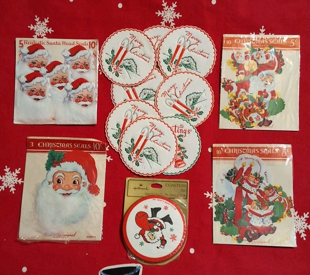 Vintage Christmas Gummed Seals Coasters Dennison Hallmark Please Read Descriptio
