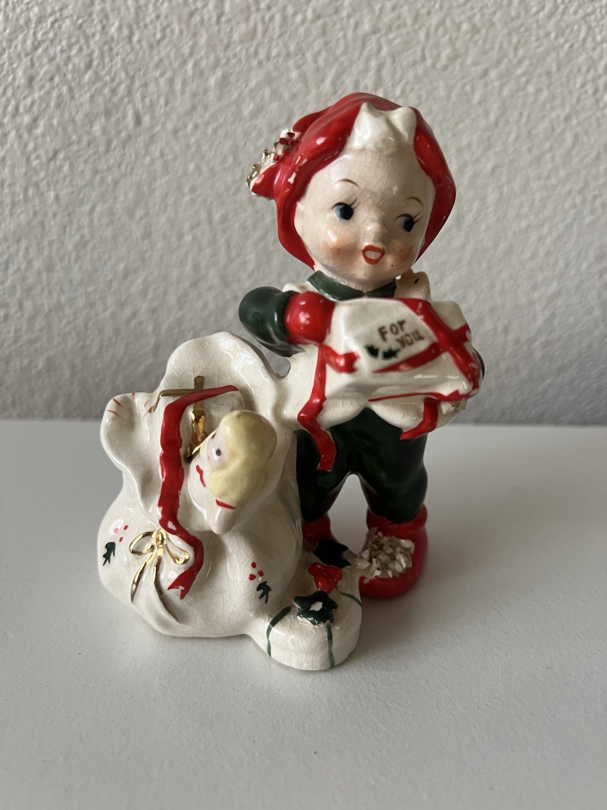 Vintage Lefton MCM Christmas Santa's Helper Elf Pixie Boy Ceramic Figurine Japan