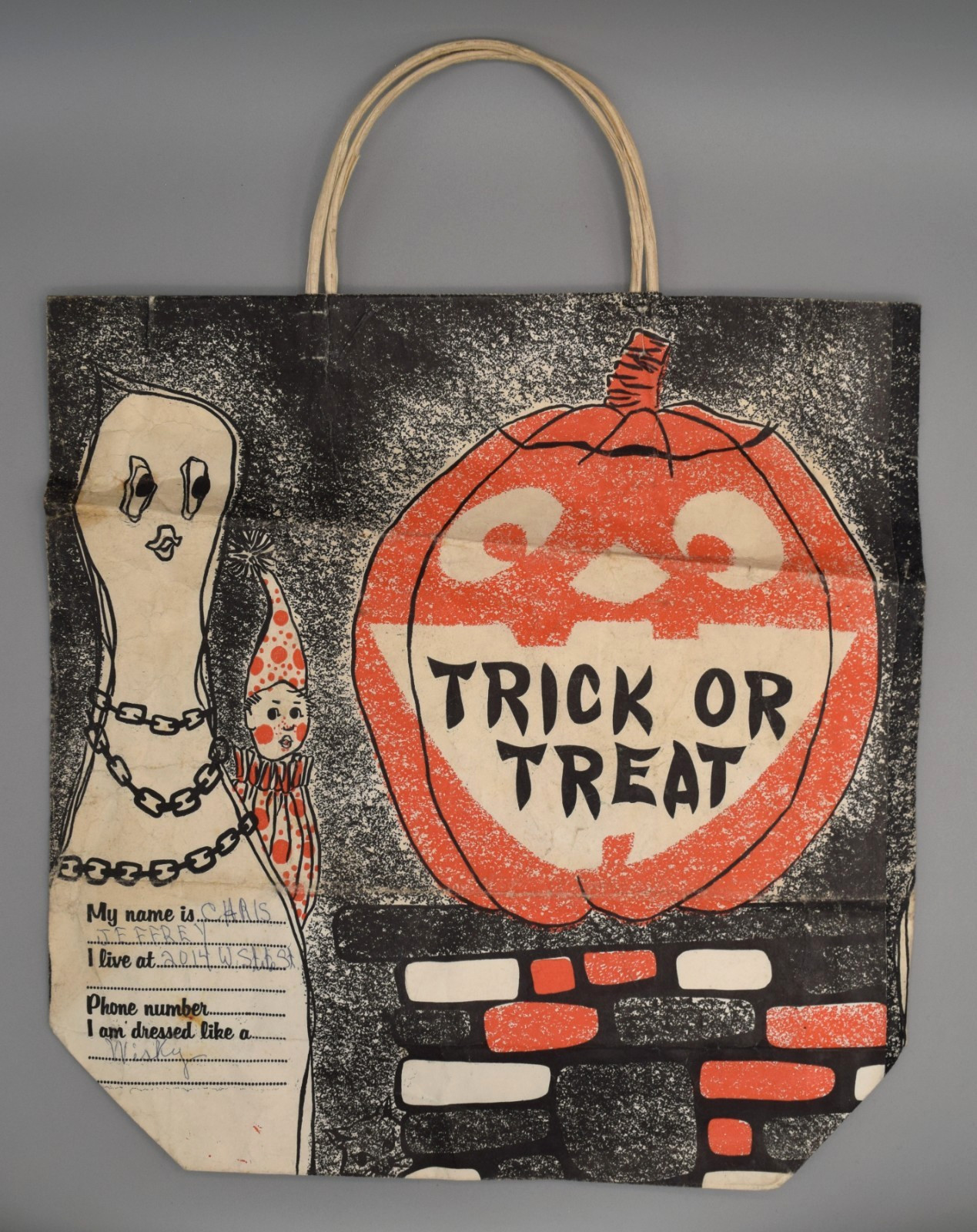 Vintage 1960s Halloween Trick or Treat Paper Bag Child\'s Name Address Ghost JOL Vintage 1960s Halloween Trick or Treat Paper Bag Child\'s Name Address Ghost JOL