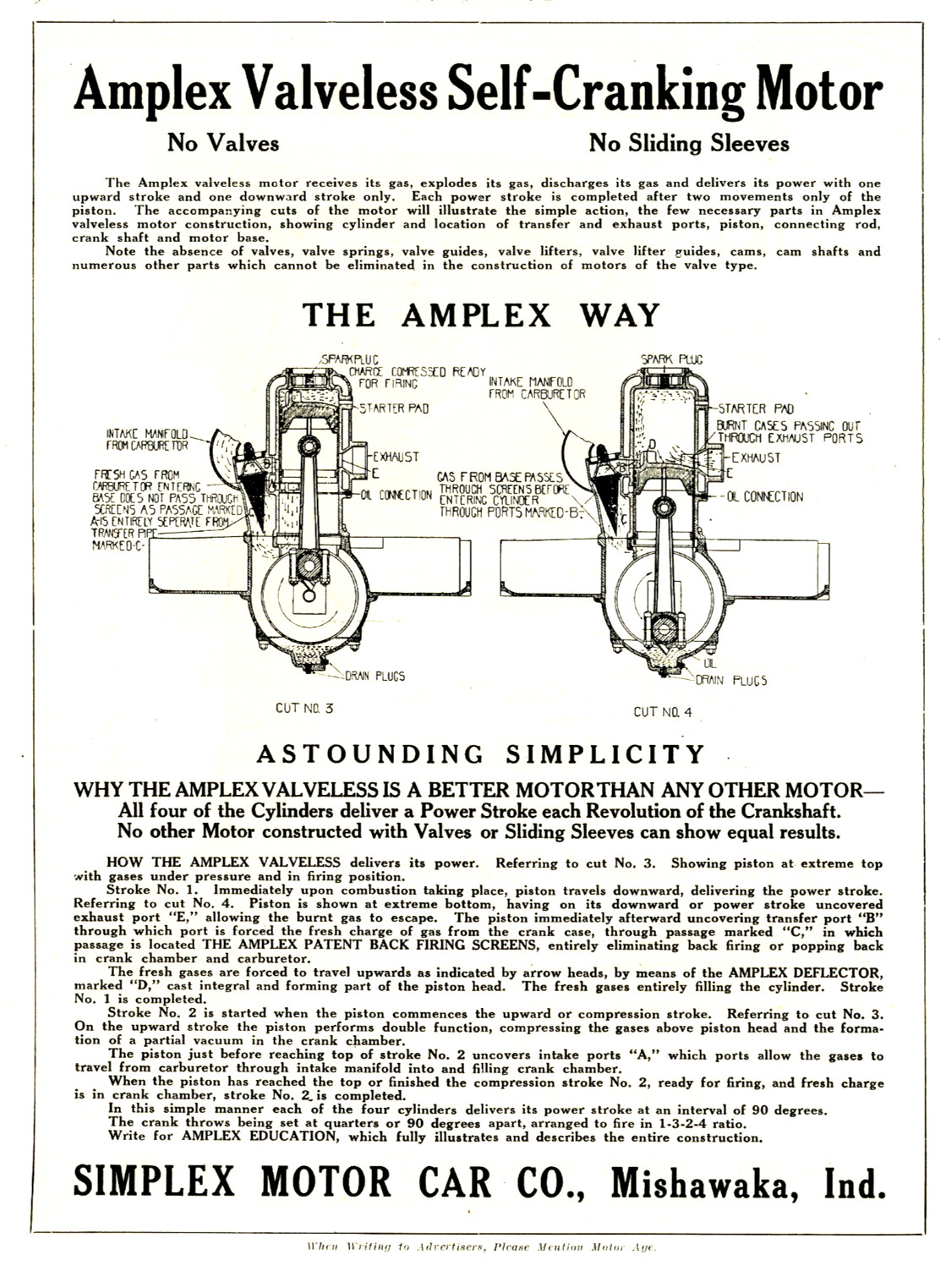 1911 Original Simplex Amplex Valveless Self-Cranking Motor Ad. Mishawaka Indiana