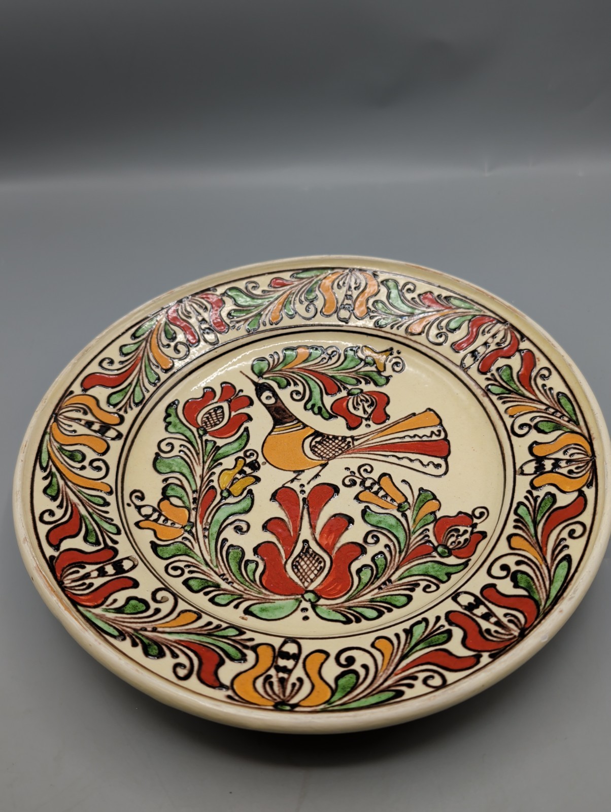 Vtg Horezu Romanian Decorative Pottery Hanging Plate  Bird Floral Signed 11 \