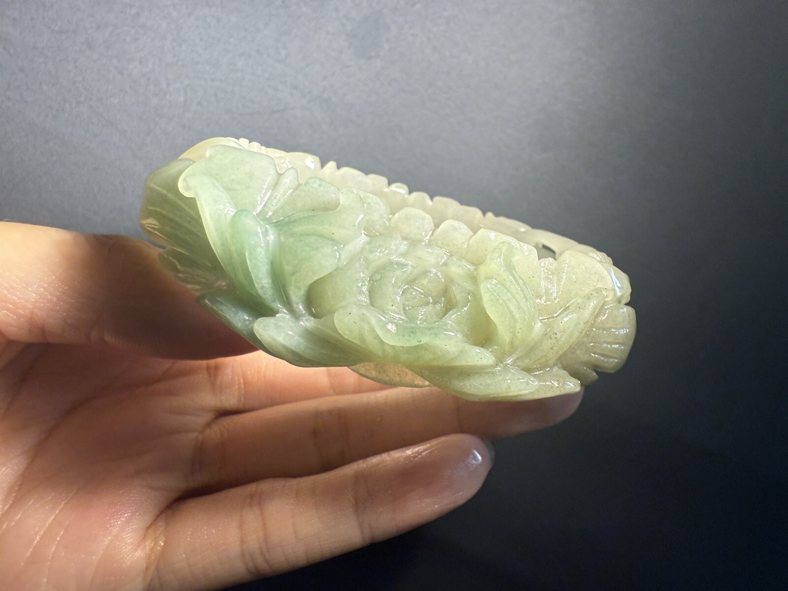 60mm Natural Mongolian Jade Bangle/Shetei Cui/Fine Hand Carved Flowers