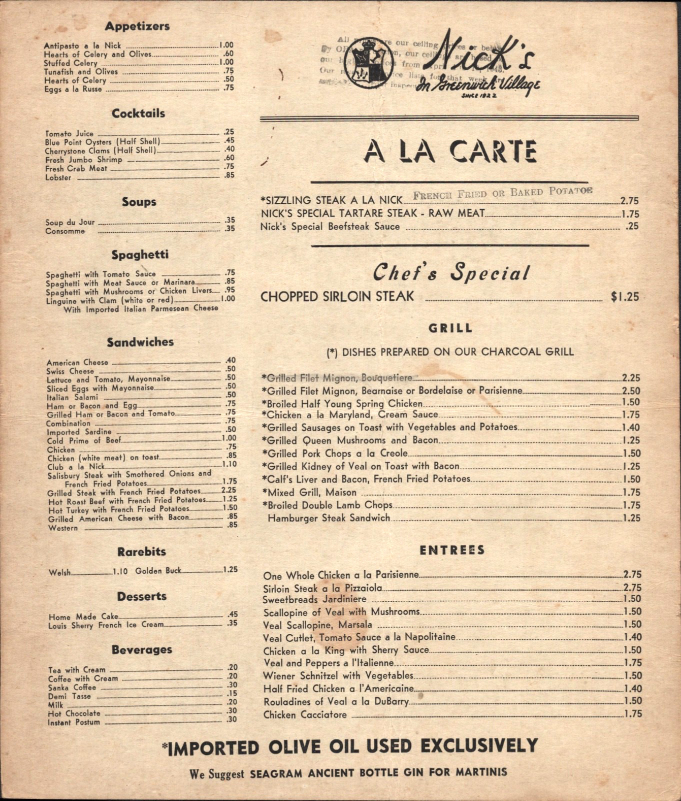 1943 NICK'S IN GREENWICH VILLAGE vintage food menu NEW YORK CITY Dixieland Jazz