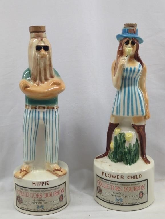 Vintage Maloney Whiskey Hippie Flower Child Bourbon Decanters Kentucky Pair