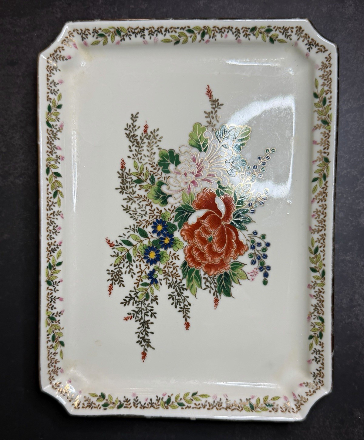 Vintage Japanese Porcelain Rectangle Trinket Tray Peony Chrysanthemum Gold Trim Vintage Japanese Porcelain Rectangle Trinket Tray Peony Chrysanthemum Gold Trim