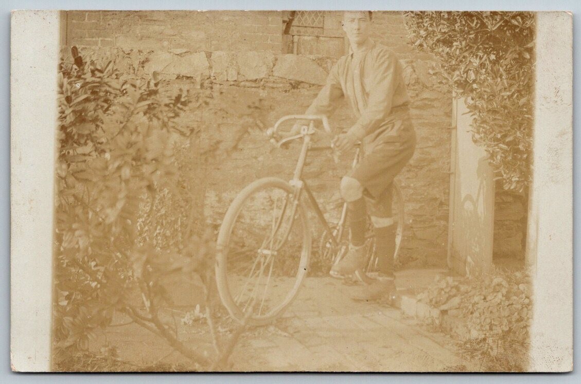 Vintage RPPC Real Photo Man With Early Bicycle c1910 Postcard