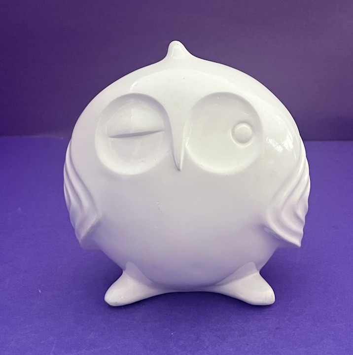 Whimsical White Winking Owl Figurine Ceramic Pottery 6” SALE