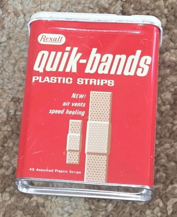VTG Rexall Quik-Bands Plastic Strip Band-Aid Metal Tin, empty ESTATE SALE FIND