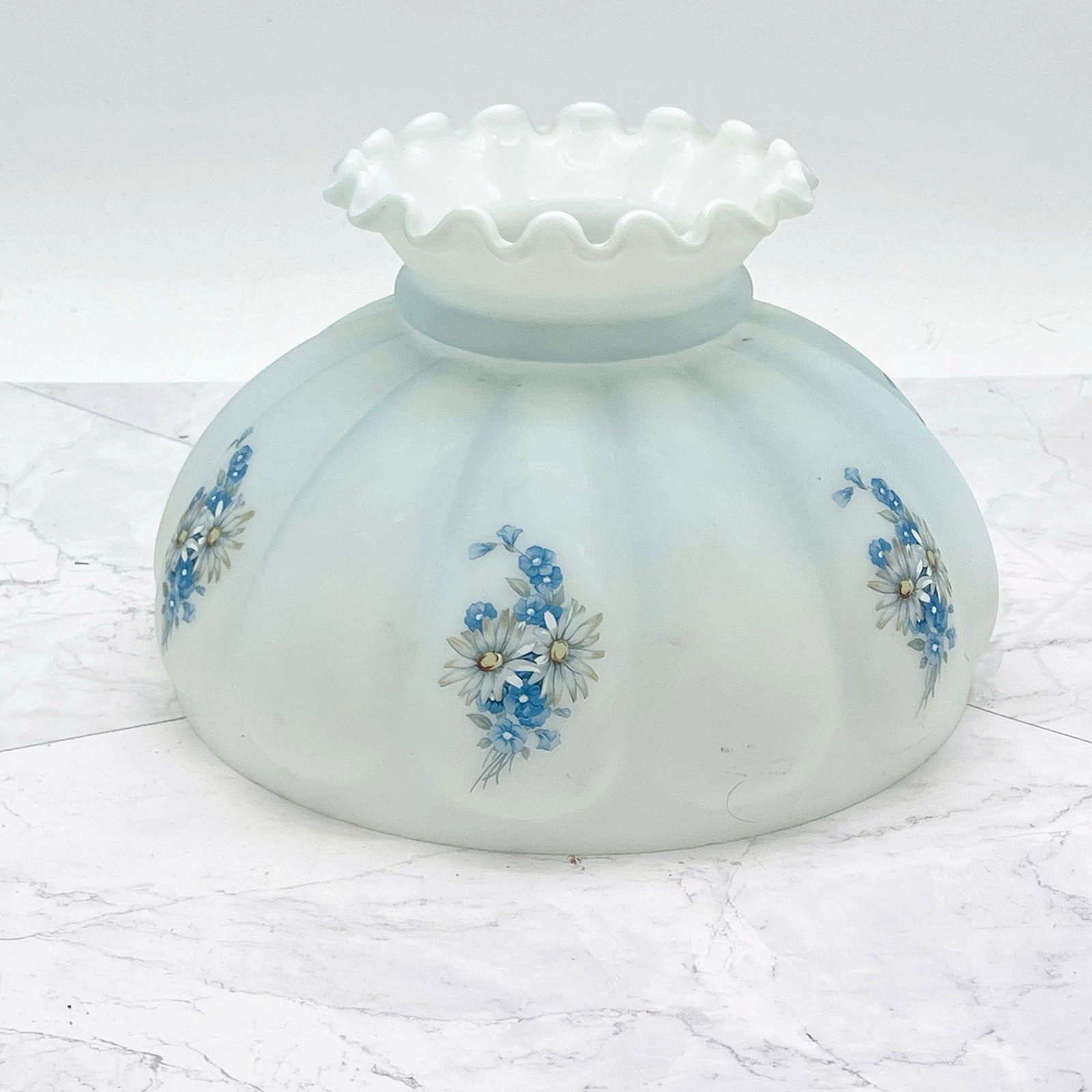 Vtg Blue Floral Hurricane Oil Or Electric Lamp Glass Melon Shade 9.5\