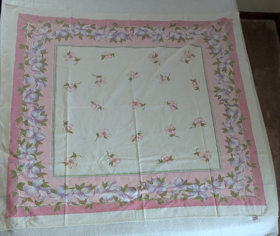 Vintage Wilendur Tablecloth Hand Printed Dogwood - purples, pinks 48\