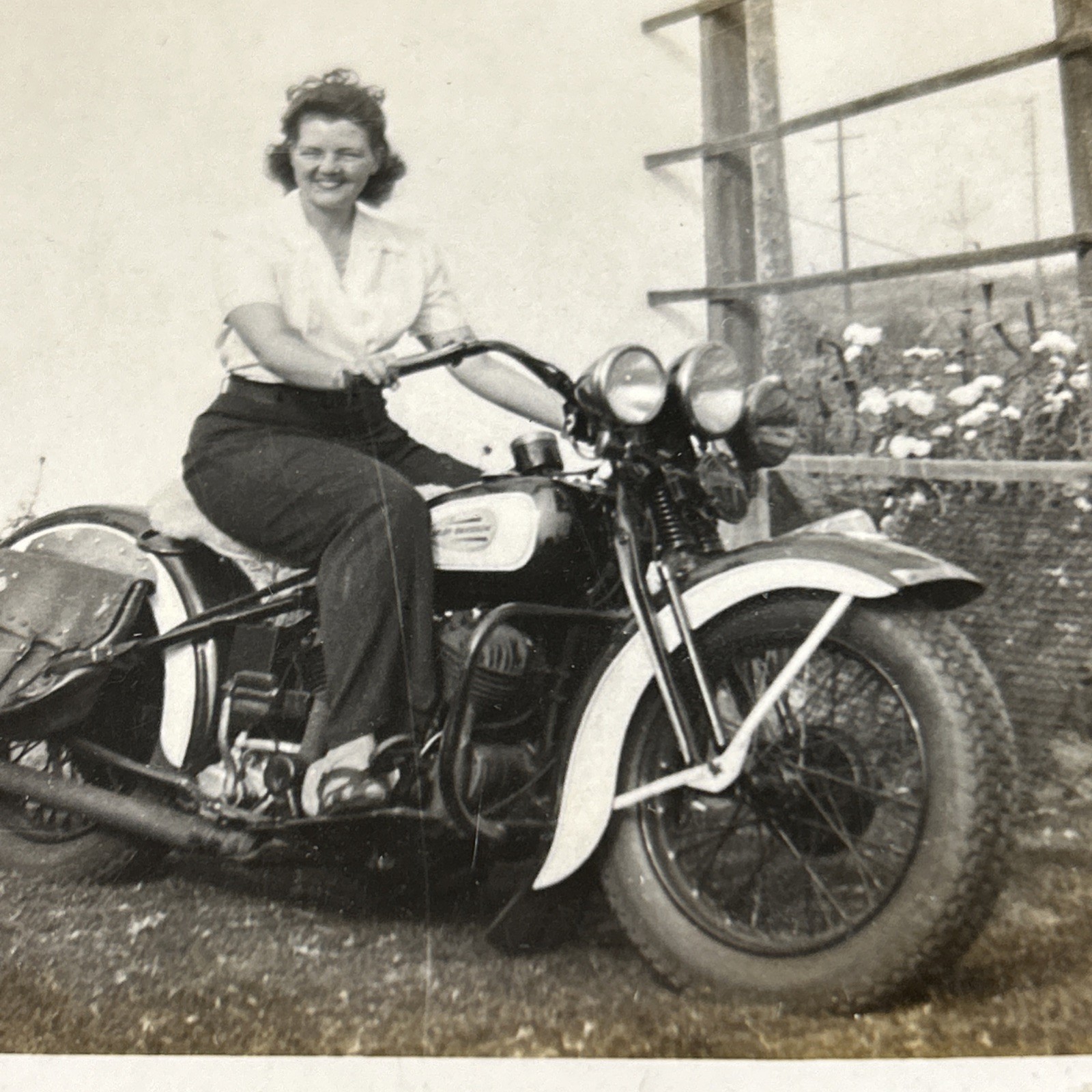 VTG Black and White Snapshot Photo W/ Harley Davidson Motorcycle Woman