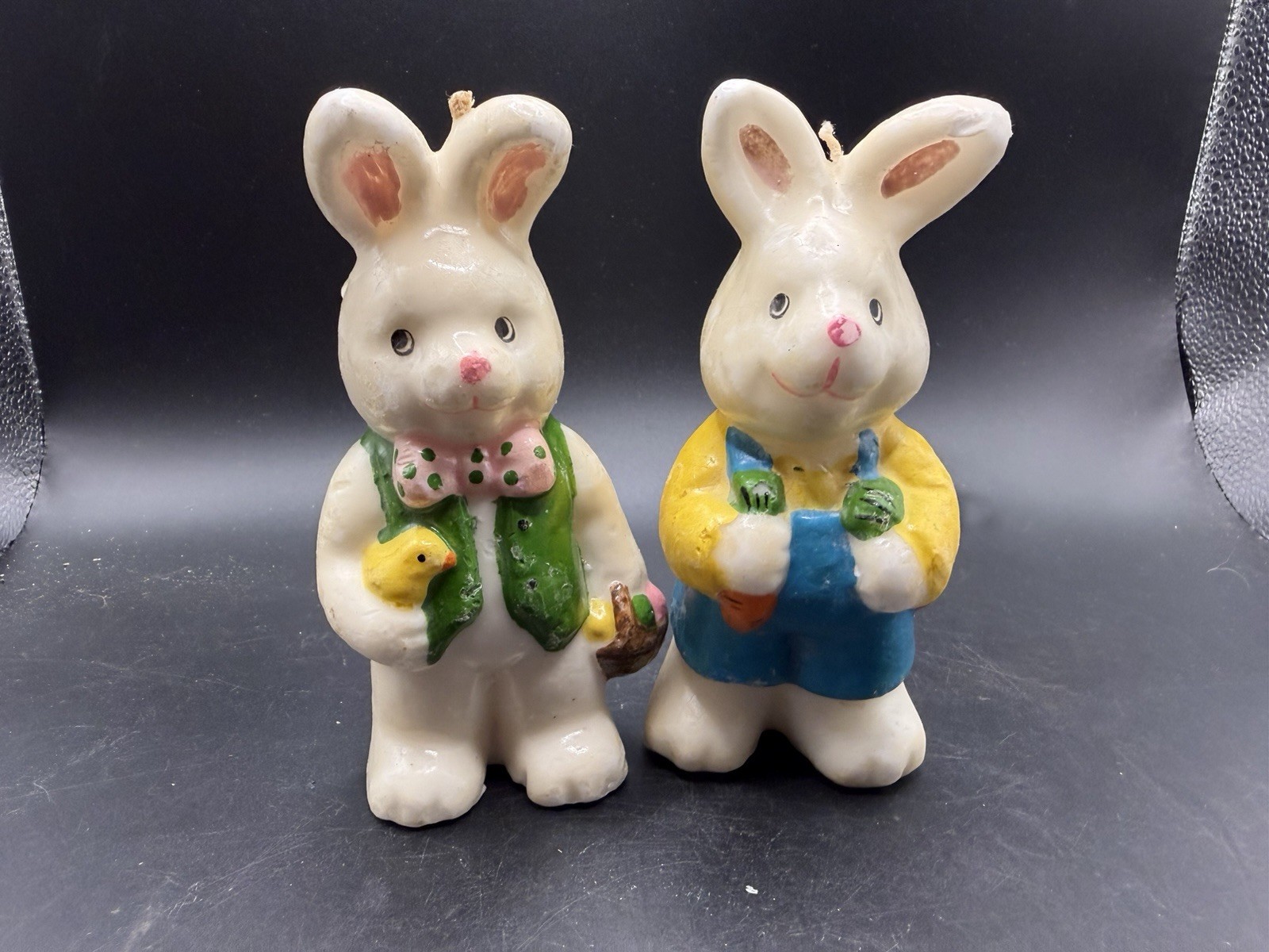 Vintage Easter Bunny Wax Candles Pair Figural Chick Carrots Overalls Retro