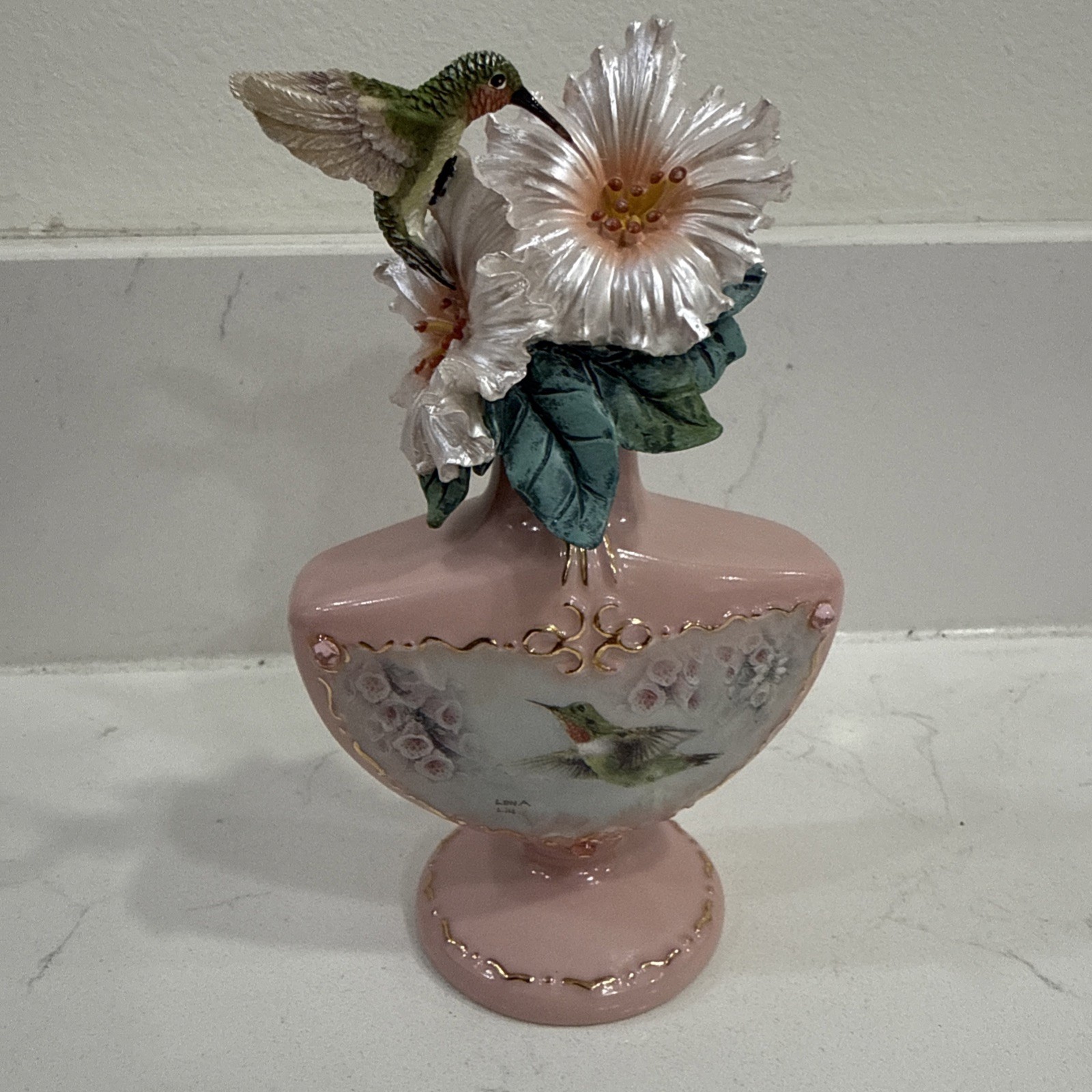 Vintage Lena Liu Porcelain Hummingbird Figurine Vase Pink Flowers