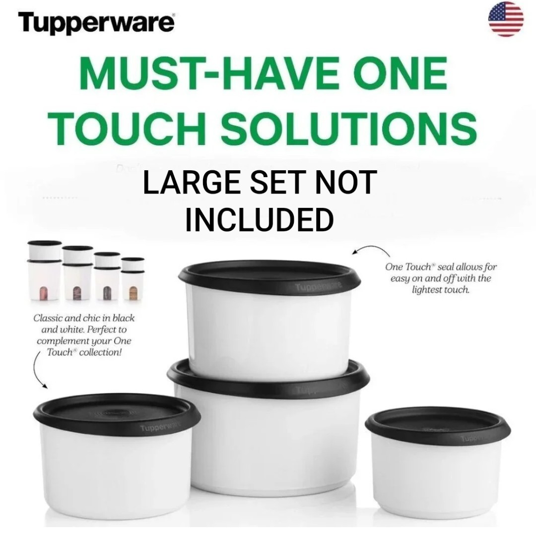 Tupperware One-touch Topper Canisters Set of 4 White With Air Tight Black Seals 