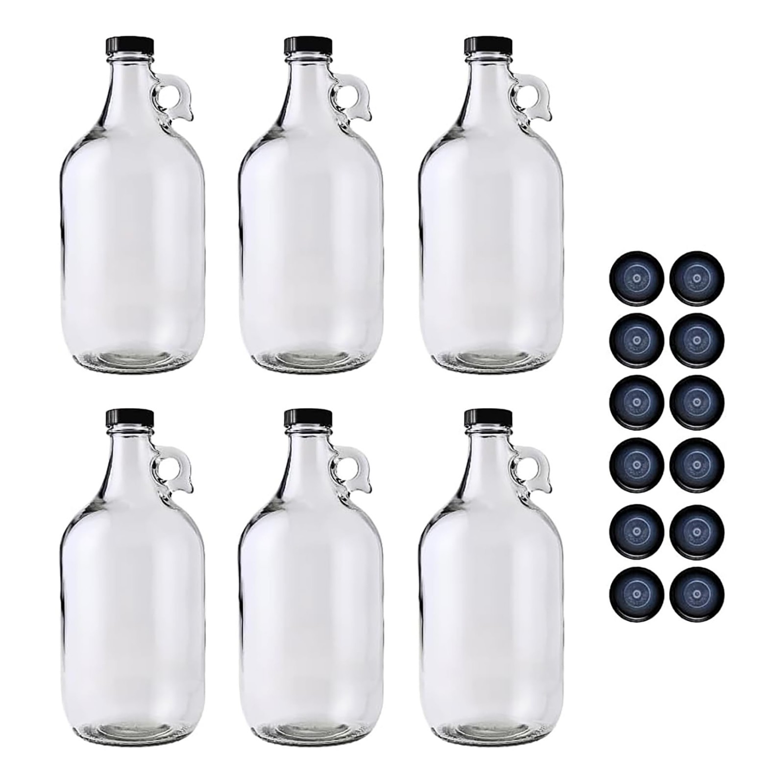 6-Pack Half-Gallon Glass Jugs (64 oz) w/12 Caps & Gripper Pad - Multipurpose Liq