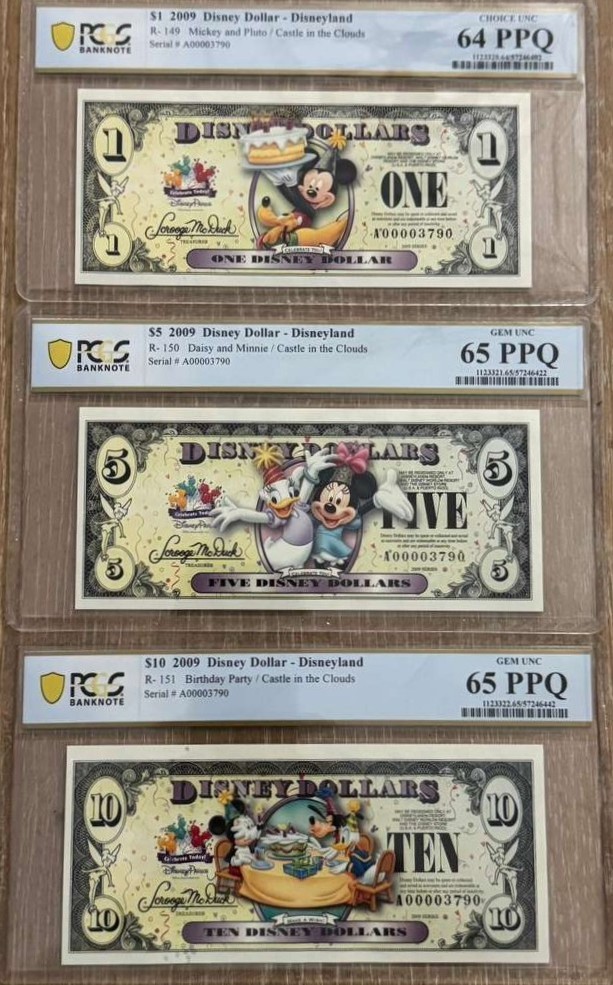 2009 $1/$5/$10 Disney Matching Serial 3 Notes Matching PCGS Graded 64/65/65 2009 $1/$5/$10 Disney Matching Serial 3 Notes Matching PCGS Graded 64/65/65