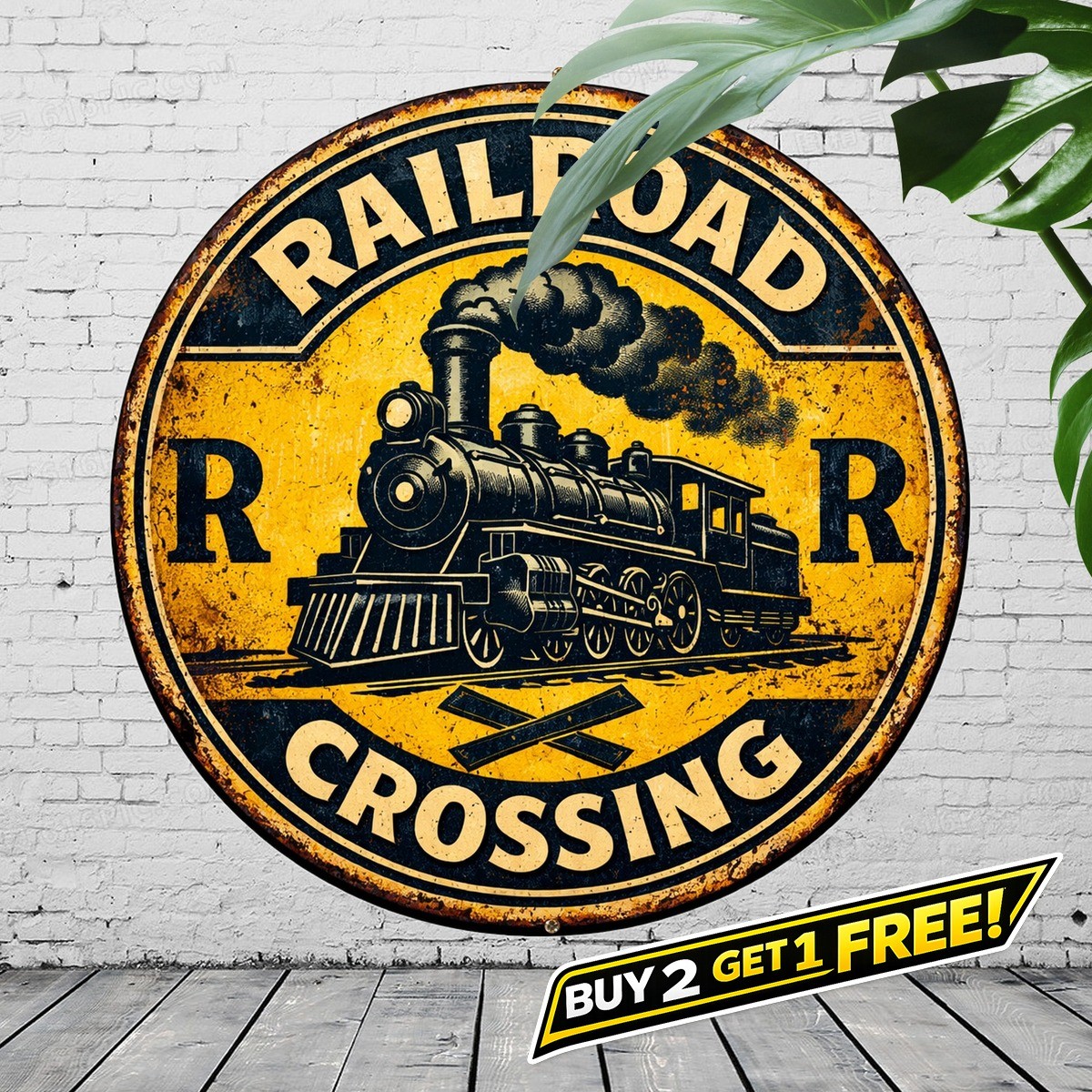 Railroad Crossing Industrial 8x8 Round Metal Tin Sign Vintage Train Decor