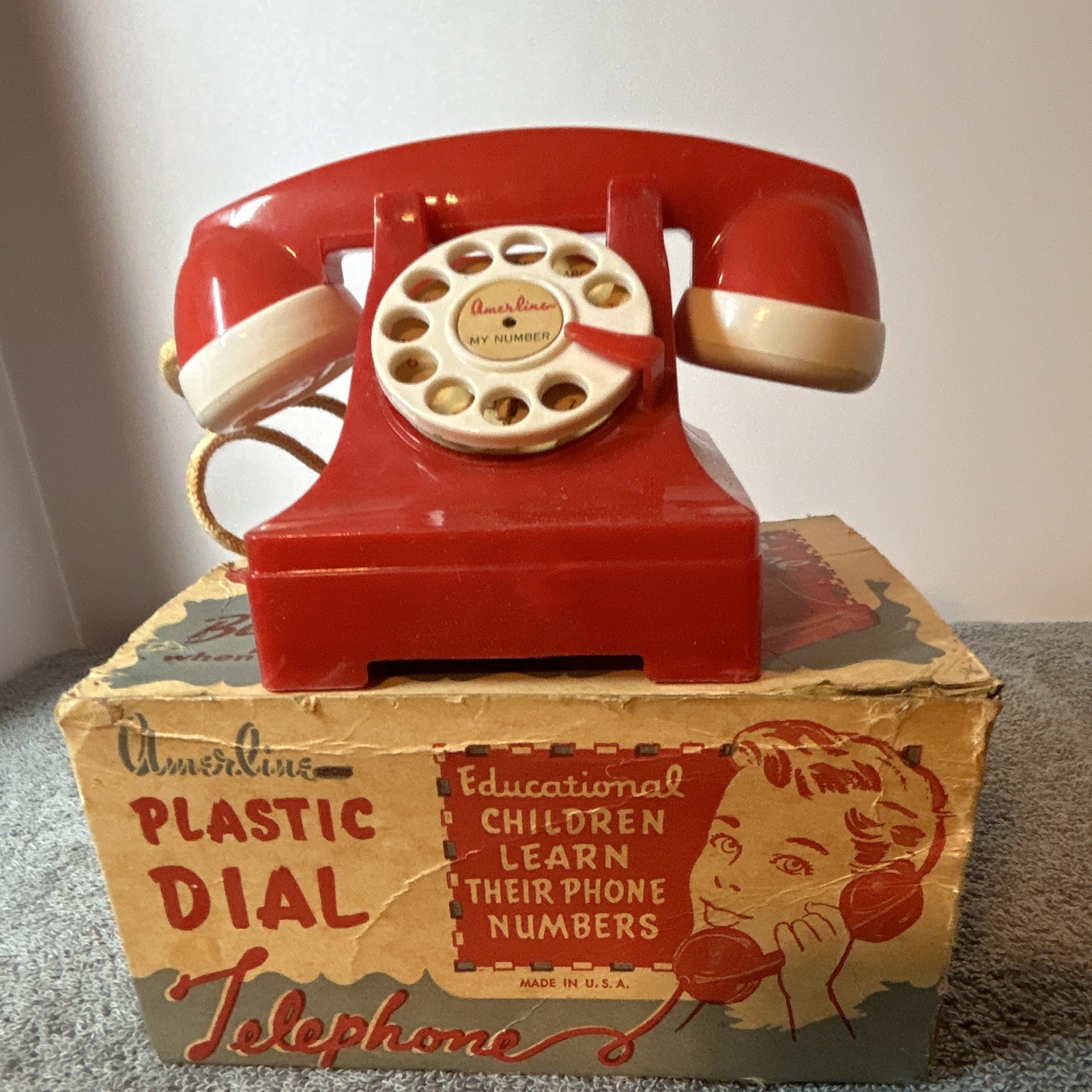 Vintage 1950s Amerline Plastic Dial Telephone Money Bank Red W/original Box P1