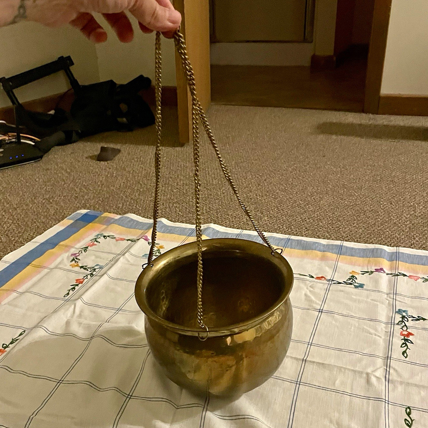 Vintage GATCO Solid Brass Hammered Hanging Round Planter Pot Made in India