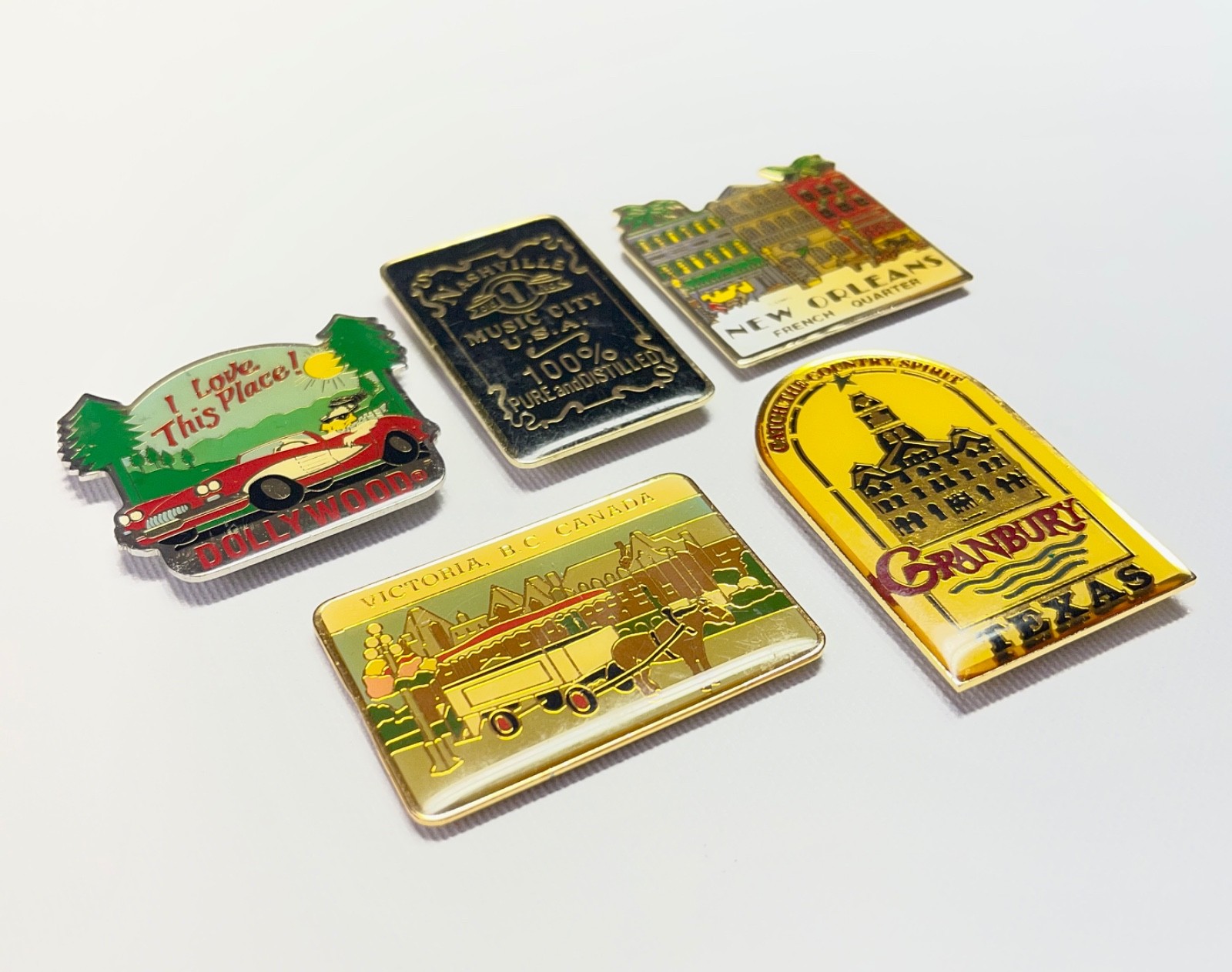 Lot of 5 Vintage Enamel Travel Souvenir Fridge Magnets - Dollywood+ 4 more