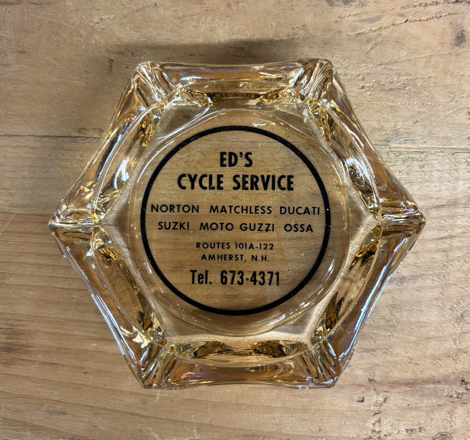 Vintage Ed\'s Cycle Motorcycle Service Amber Glass Advertising Ashtray NH
