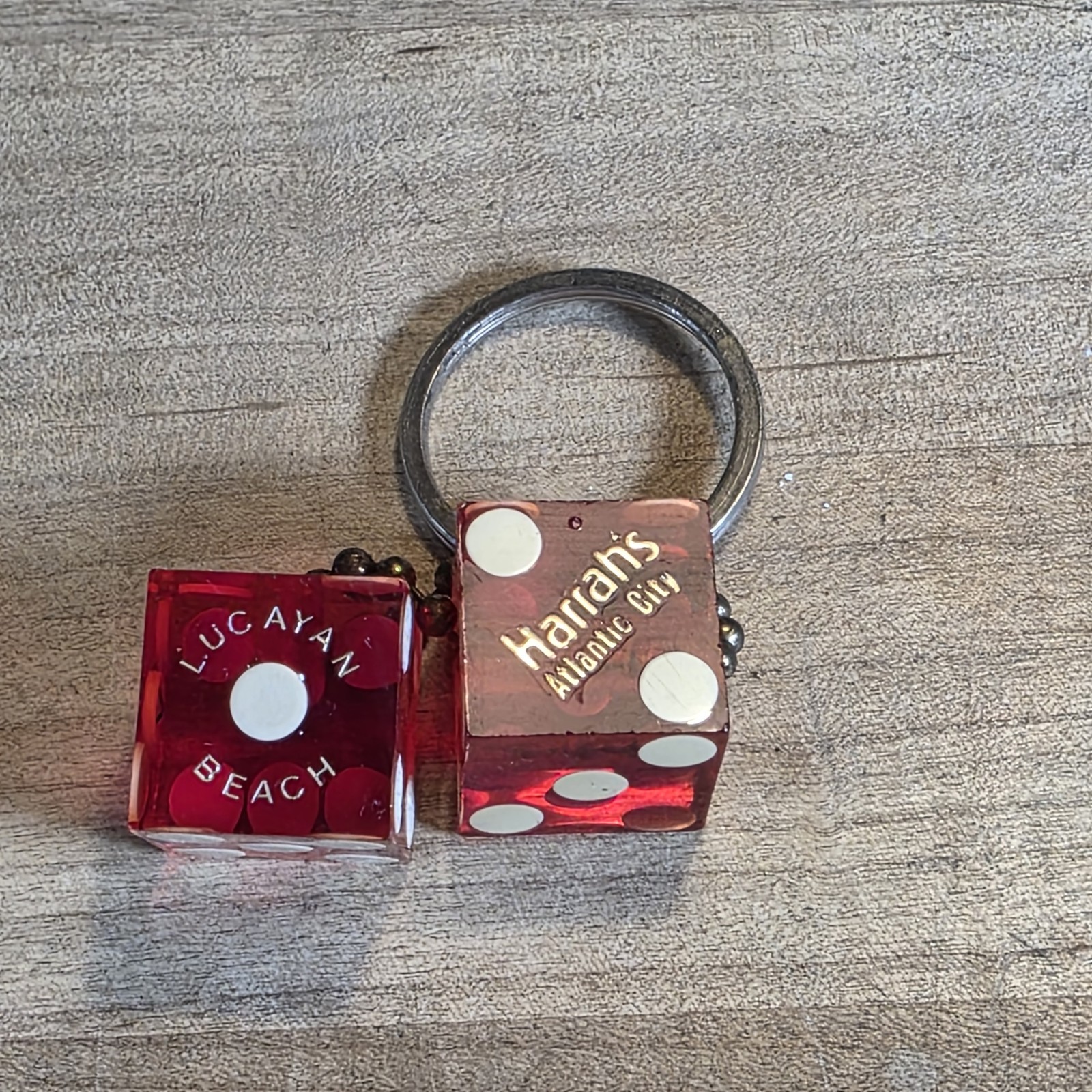 Vintage Harrahs Atlantic City Lucayan Beach Red Dice Key Chain Ring