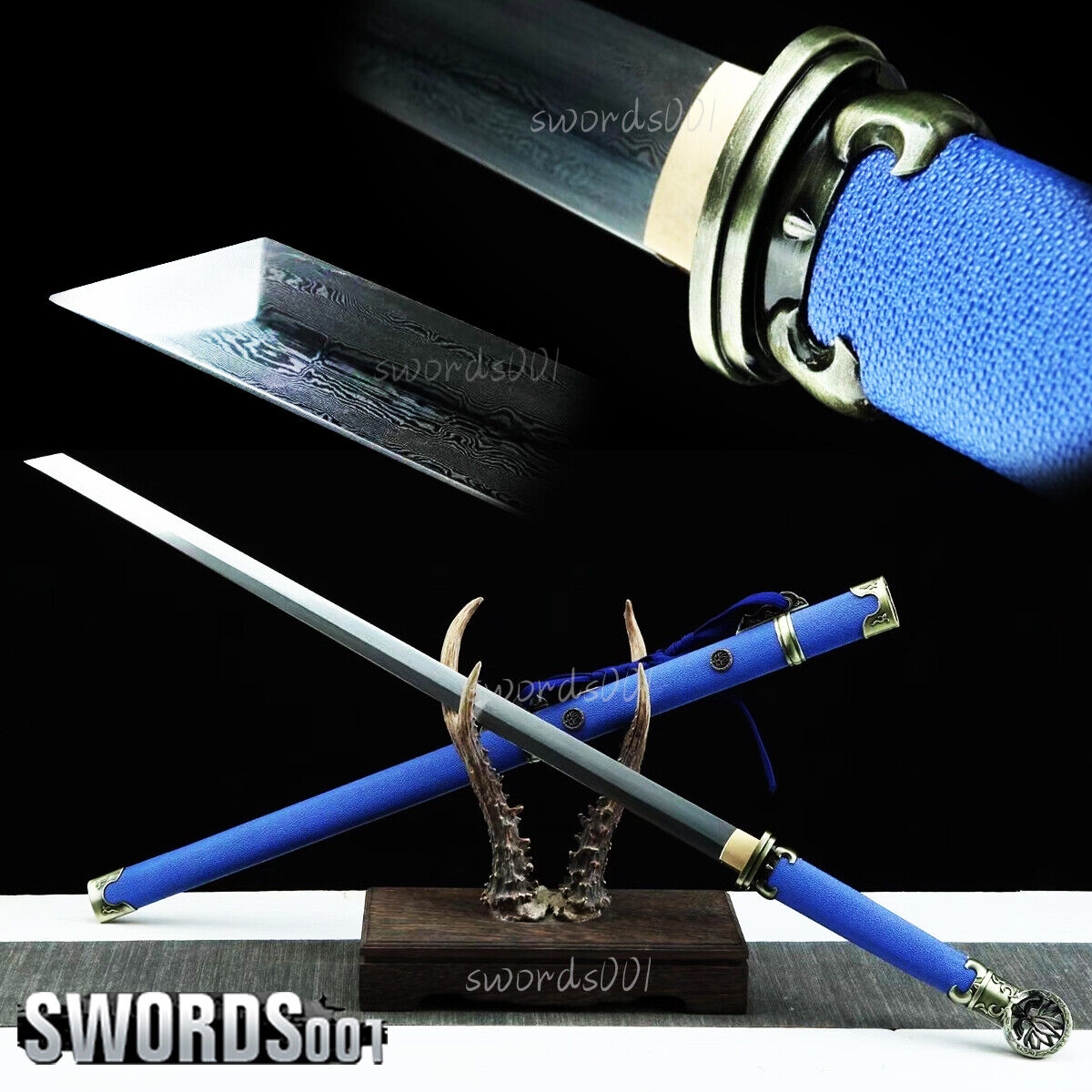 Elegant Blue Ninja Sword Damascus Folded Steel Ring-pommel Dao Hand Forged Sharp