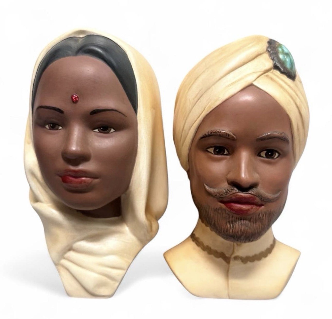 Vintage Pair Heads Bust Indian Sikh Couple Man & Woman