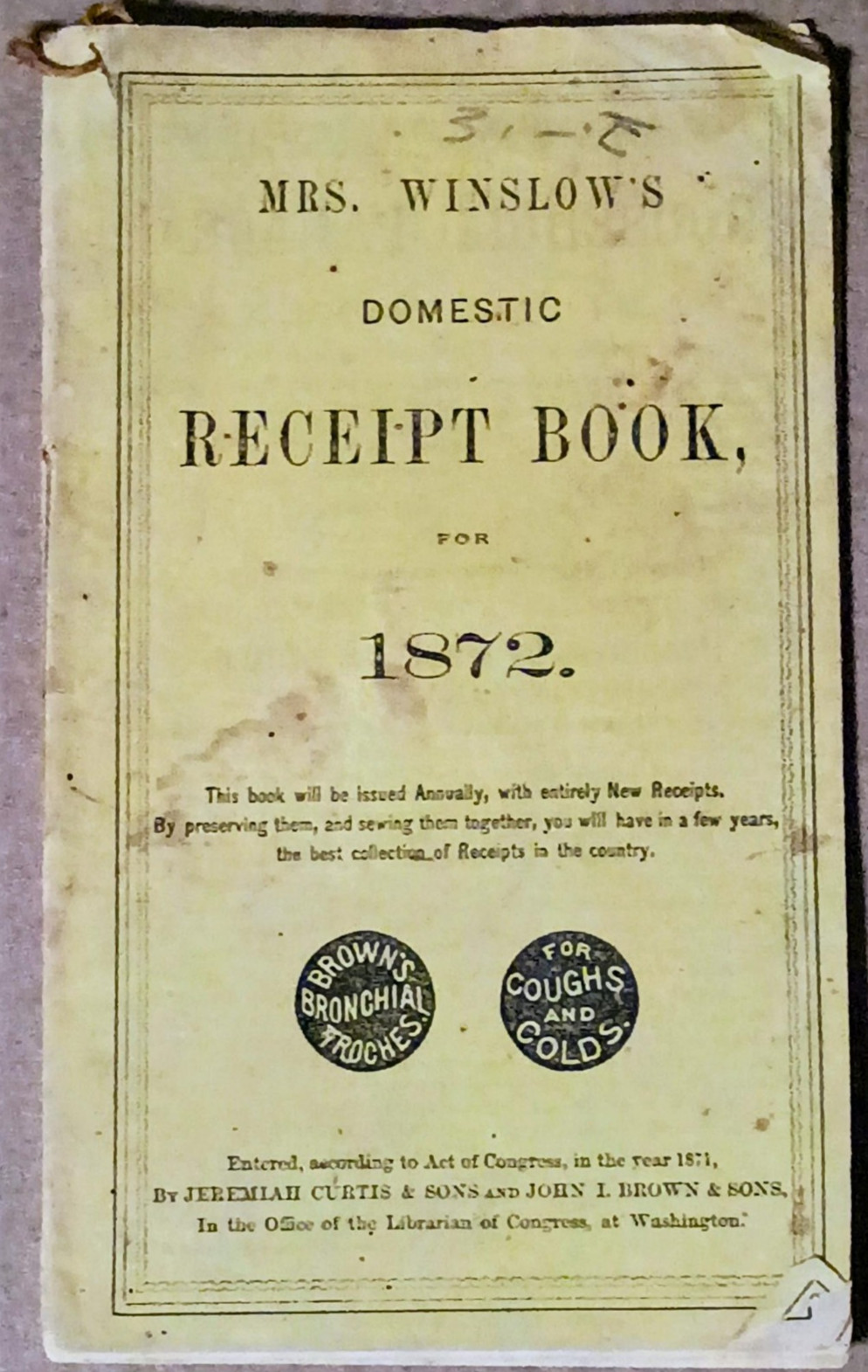 Mrs. Winslow\'s Domestic Receipt Book 1872 Antique Vintage Household Recipes