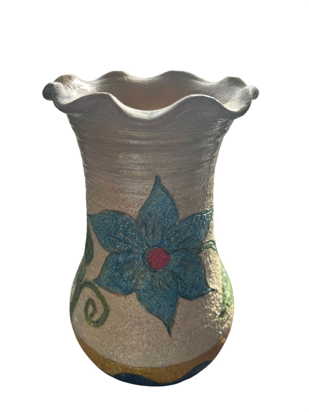 Handmade Mexican Pottery Floral ruffled Vase planter pot Atzompa terra cotta