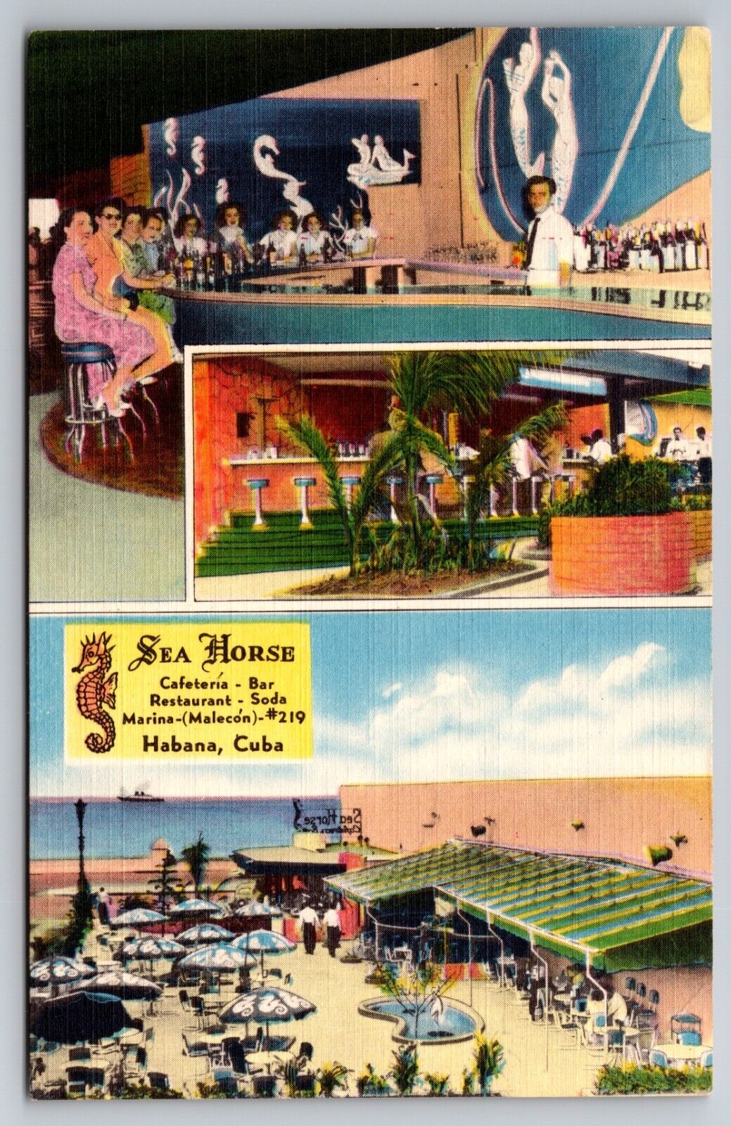 Sea Horse Cafeteria Bar Restaurant Havana Cuba Linen c1940 Postcard