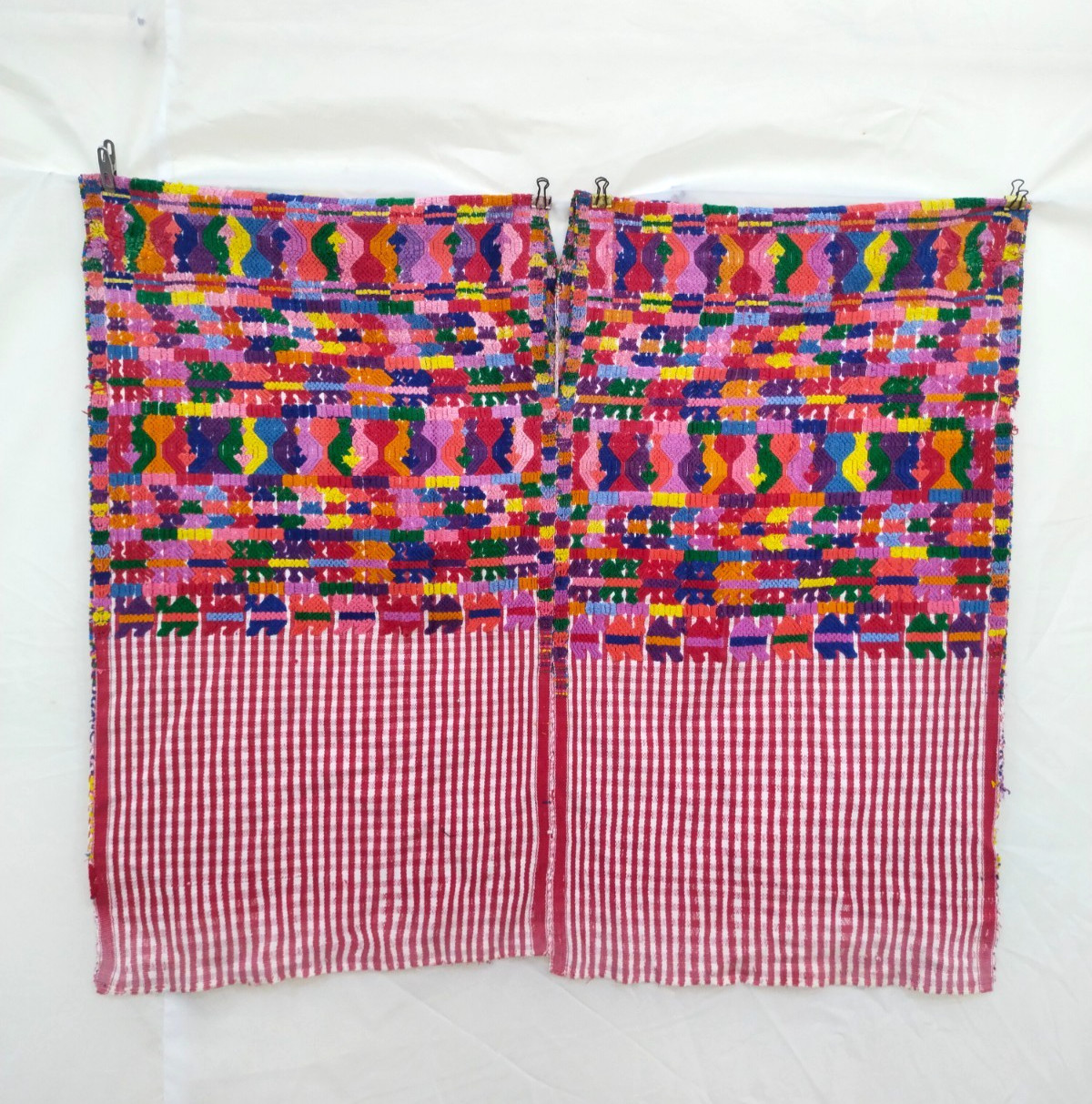 Vintage Guatemalan Huipil Fabric Panels Handwoven Mayan Red Striped Textile
