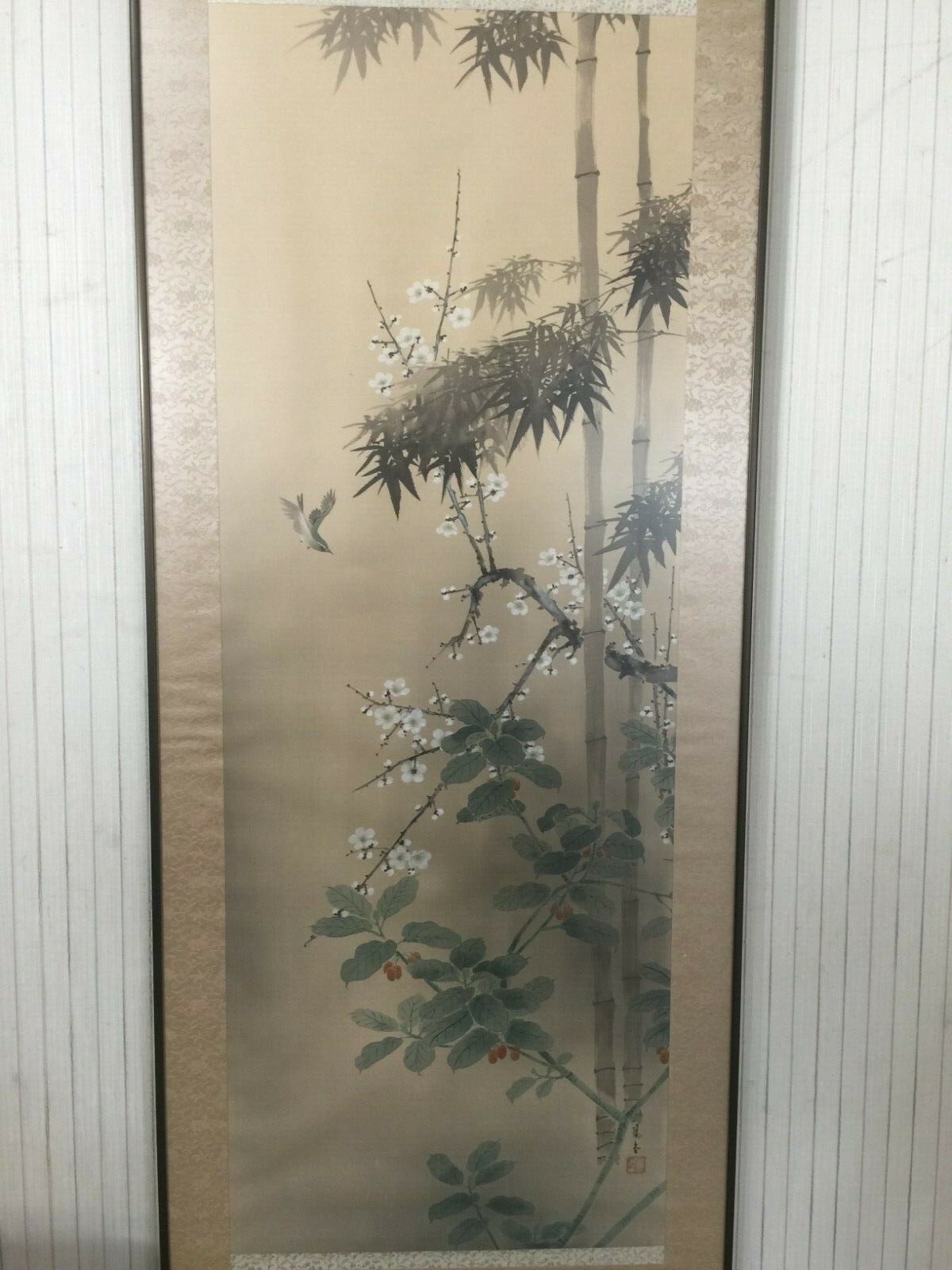 Vintage Chinese Handpainted on Silk Bird & Flower, Signed by Artist, Framed