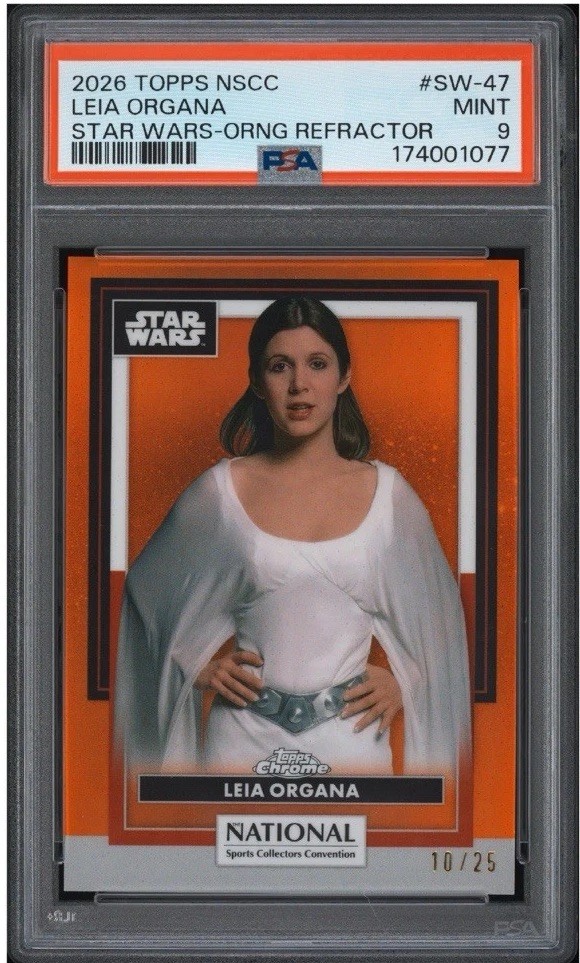 2026 NSCC STAR WARS #SW-47 LEIA ORGANA STAR WARS-ORANGE REFRACTOR #/25 PSA 9