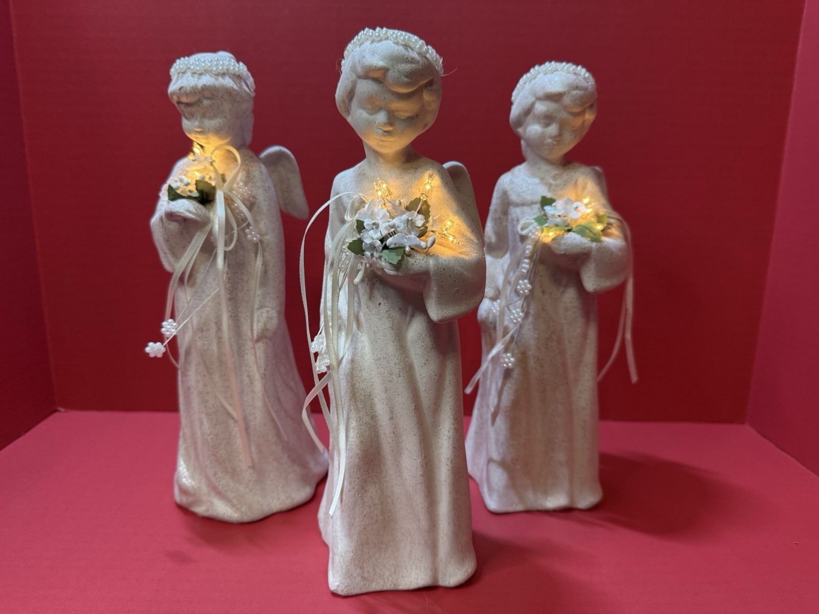 Vintage 1990 Lot Of 3 Porcelain Angel Bride Figurine Light Up White Bisque