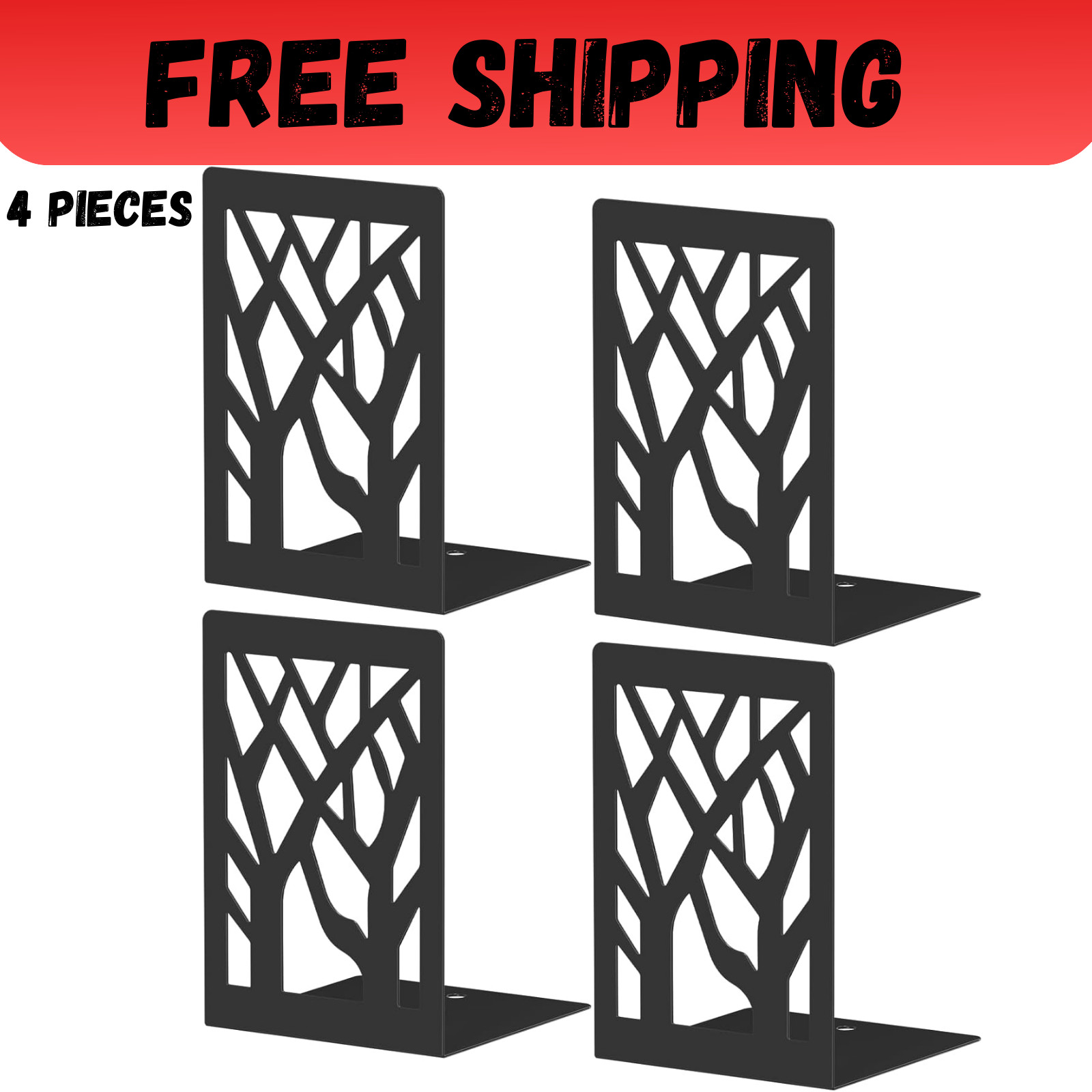Bookends 4 Pieces, Modern Metal Bookends for Shelves, Black Tree Book Ends for B Bookends 4 Pieces, Modern Metal Bookends for Shelves, Black Tree Book Ends for B