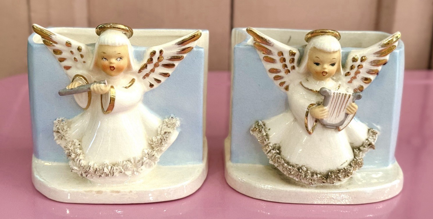 Vintage Pair Napco Christmas Angel Planters Gold Wings Spaghetti Trim Harp Flute