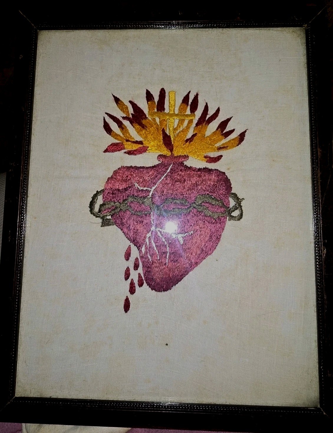 Vtg Hand Embroidered Sacred Heart 8 X 10 Framed Antique Religious Embroidery