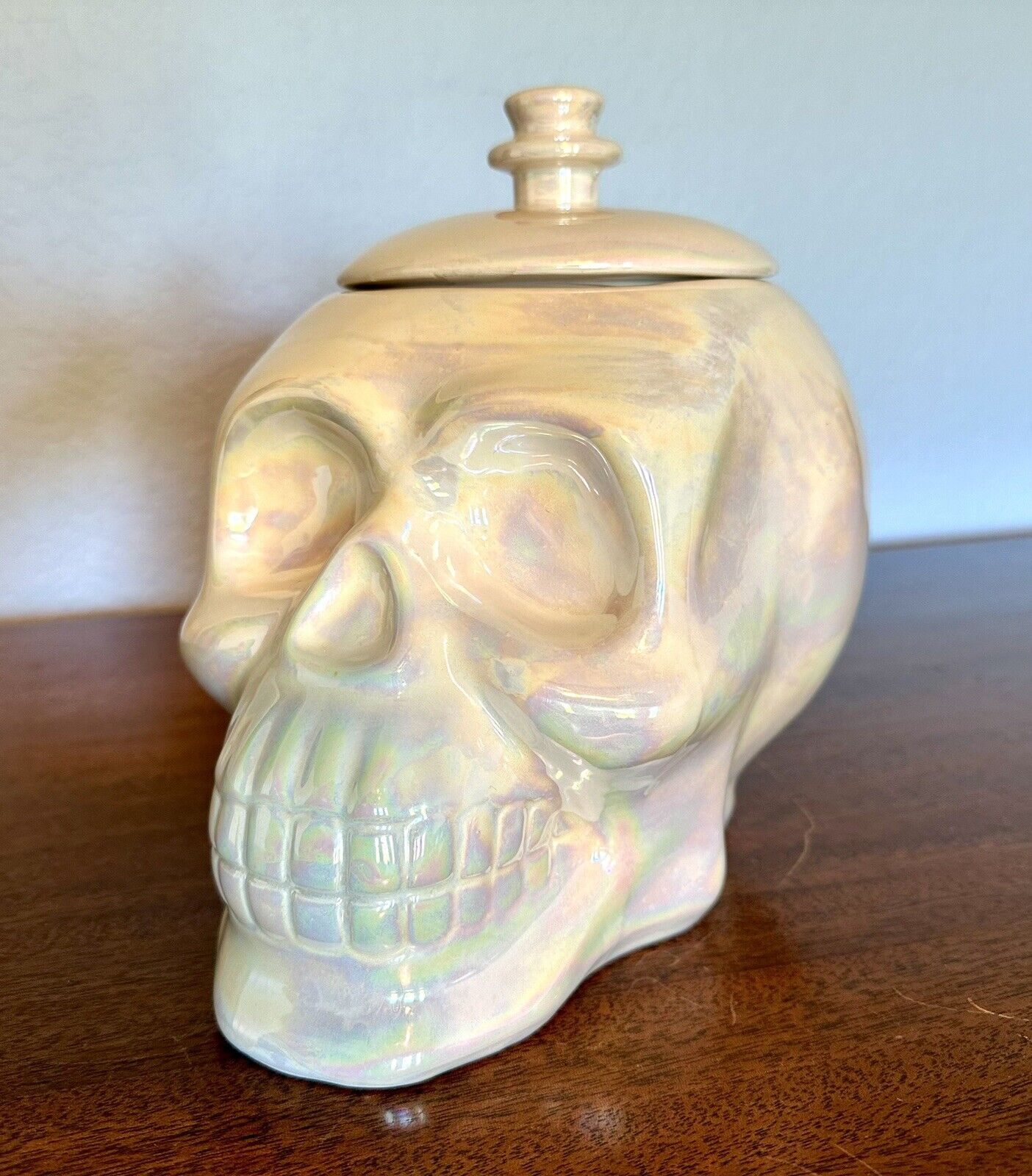 Whimsical Cupboard 10 Strawberry Street White Iridescent Skull Cookie Jar