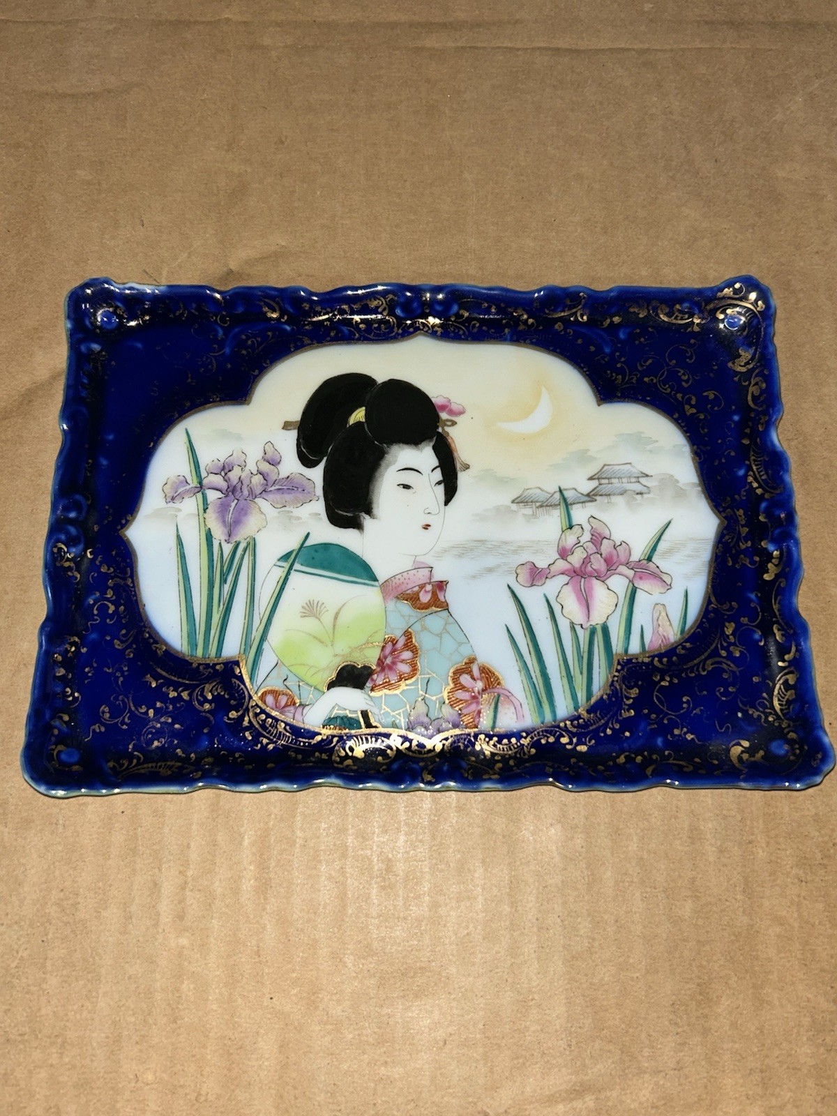 Vintage Hand Painted Rectangular Scalloped Edge Decorative Porcelain Tray