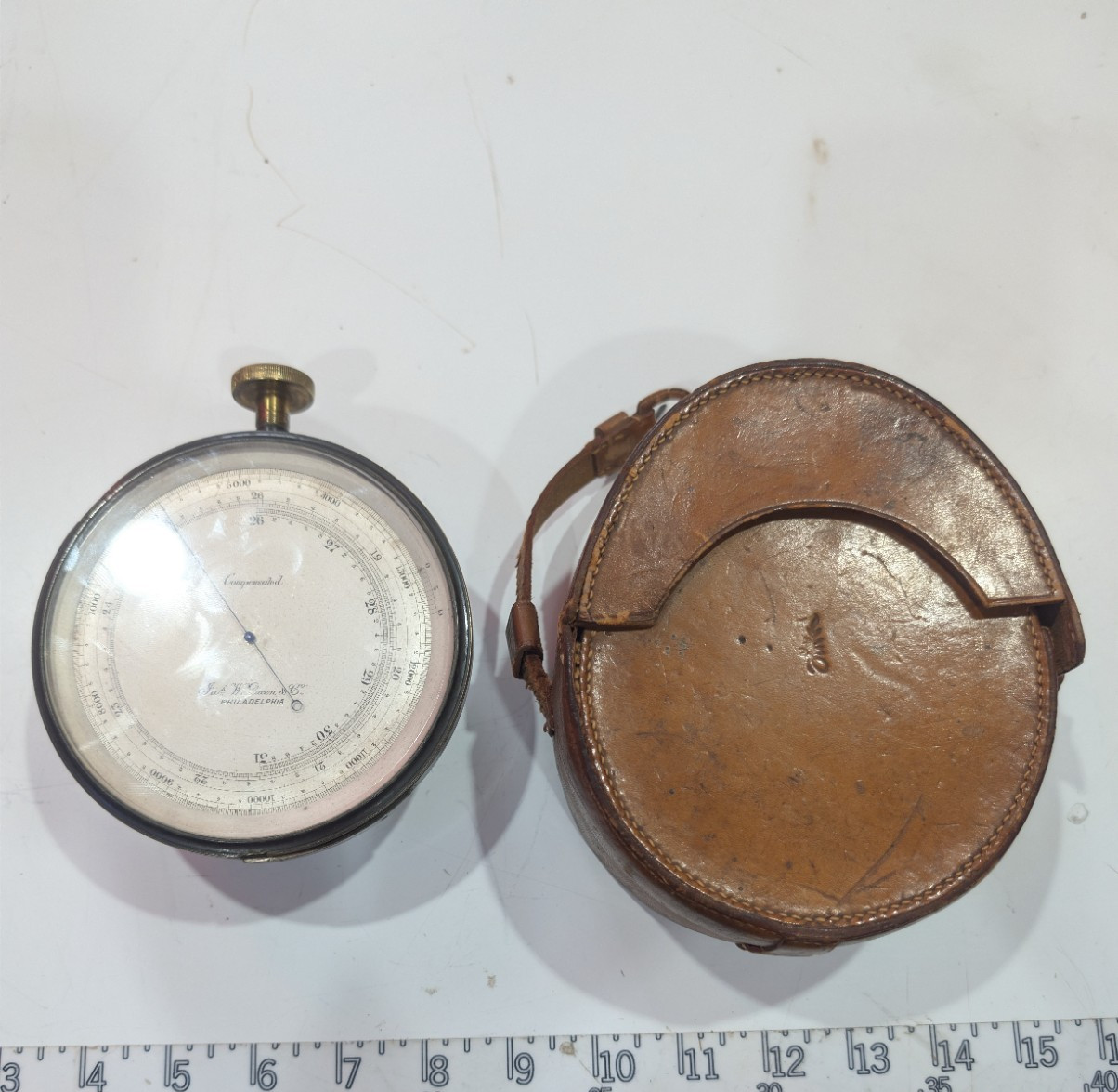 c.1890 Jas W Queen Compensated Aneroid Barometer with original leather case