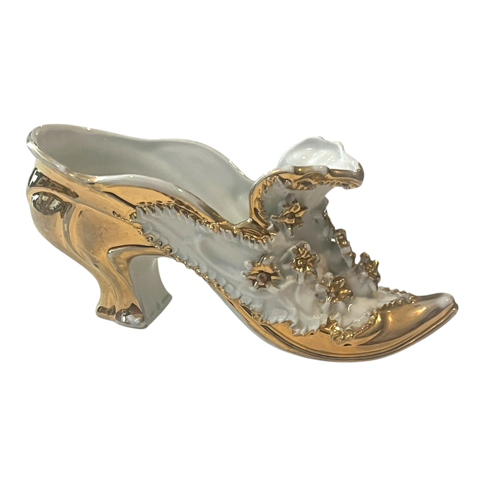 Vintage Victorian Porcelain Shoe Figurine Gold Gilt Applied Flowers 7\