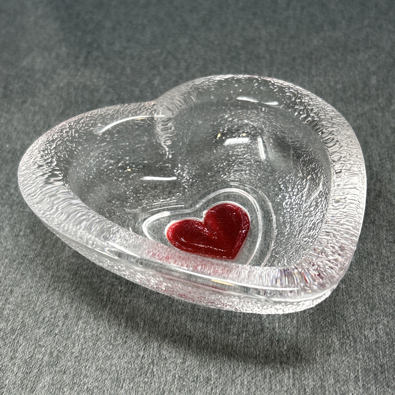 Heart Shaped Glass Trinket Dish Heavy Thick Clear/Red Vanity Decor Small 4.5\