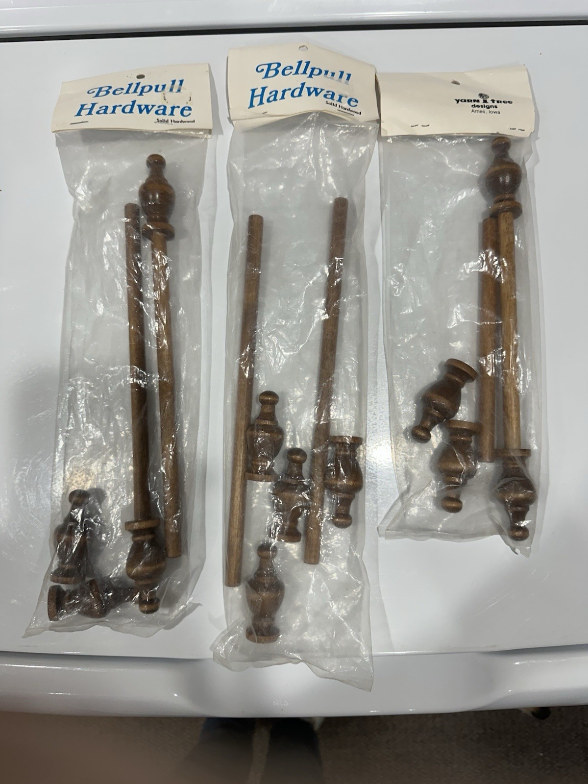 Vintage Yarn Tree Designs Dark Wood Bell Pull Hardware Three Sizes NOS Lot Of 3