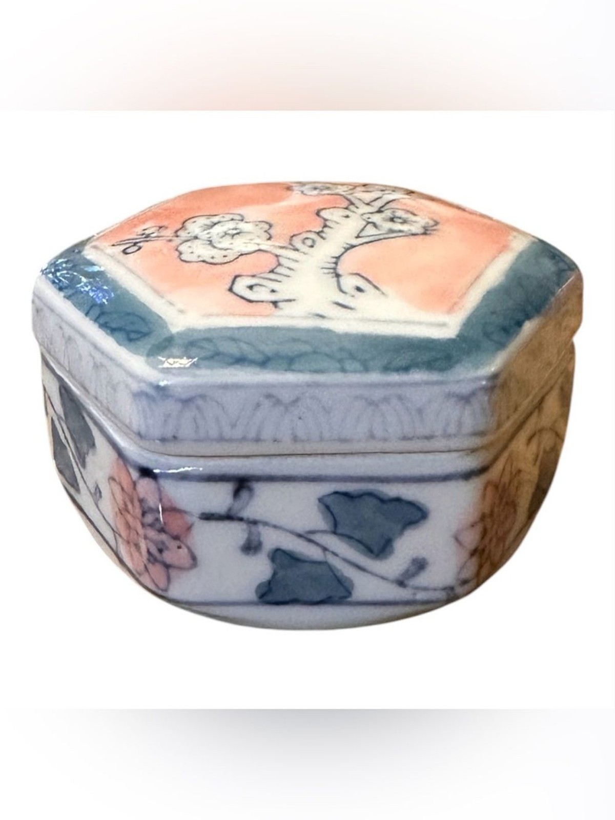 Vintage Porcelain Hexagonal Floral Trinket Box